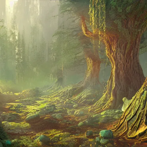 Image similar to forest in the morning light, fantasy science fiction hyper detailed digiital illustration, trending on artstation