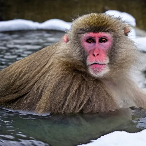 Prompt: a Japanese macaque in a snowy hot spring