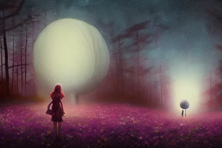 Image similar to giant daisy flower head, girl walking in a moonlit forest, hills, surreal photography, dark night, star trails, dramatic light, impressionist painting, clouds, digital painting, artstation, simon stalenhag