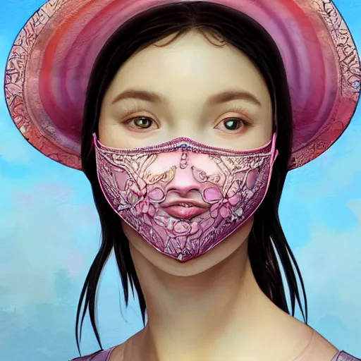 Prompt: A masterpiece portrait of a Incredibly beautiful queer barique renaissance girl holding fish as a baby with detailed stained glass face mask. light cute blush on face. glass fish hat. medium shot, intricate, elegant, highly detailed. trending on artstation, digital art, by Stanley Artgerm Lau, WLOP, Rossdraws, James Jean, Andrei Riabovitchev, Marc Simonetti, Yoshitaka Amano. background by James Jean and Gustav Klimt, light by Julie Bell, 4k, porcelain skin