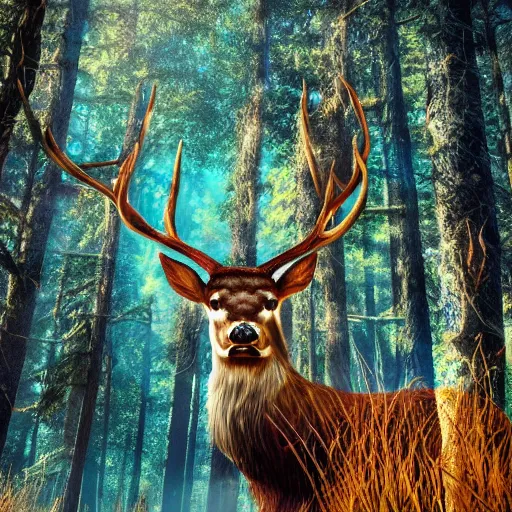 Image similar to photo of an hyper realistic arcanic, celestial highly detailed stag, in a magical highly detailed forest background. sunlight rays throught the trees.