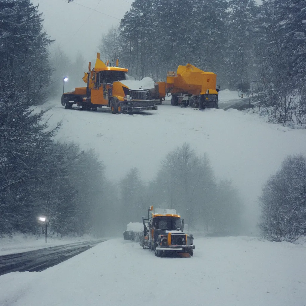 Image similar to photo, big snow plow truck is in the distance with a bright headlighta. cold color temperature, snow storm. hazy atmosphere. humidity haze. kodak ektachrome, greenish expired film, award winning, low contrast,