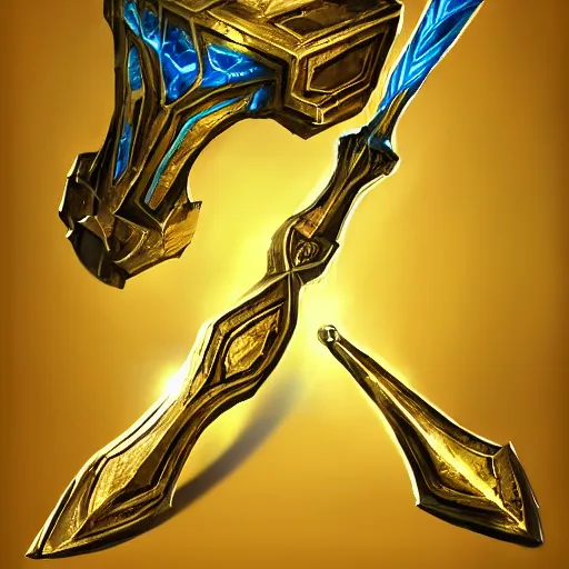 Prompt: a magical golden weapon, d & d, league of legends, concept art, blue background, dramatic lighting. realistic - h 7 6 8