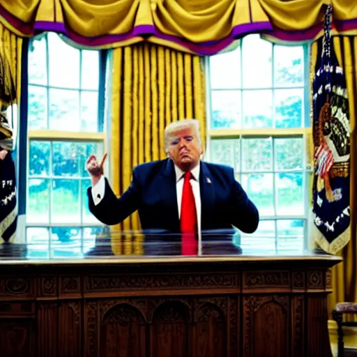 Prompt: a shocking, candid photo of donald trump, smoking crack out of a crack pipe in the white house oval office. photo taken from a window outside the oval office, by a new york times reporter.