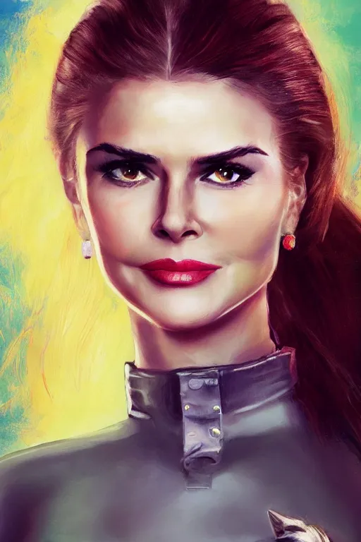 Image similar to portrait of a mix of beautiful young maria shriver, mariel hemmingway, brooke shields, nicole kidman and elle macpherson as catwoman, thin lips, hair tied up in a pony tail, colorful artstation, cgsociety