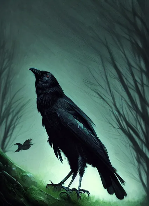 Image similar to side portrait dark crow (animal), close-up, fantasy forest landscape, moonshine, fantasy magic, nice black feather, proud, green dark light night, intricate, elegant, sharp focus, illustration, highly detailed, digital painting, concept art, matte, art by WLOP and Artgerm and Greg Rutkowski and Eddie Mendoza, masterpiece