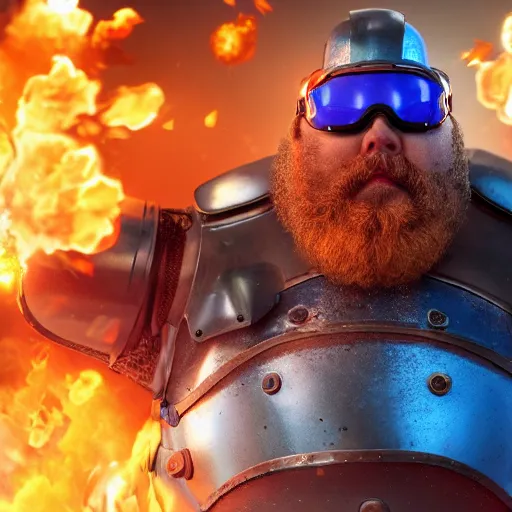 Image similar to highly detailed octane render of a short fat ugly man with a giant beard wearing goggles and blue armour is being blown up in an explosion