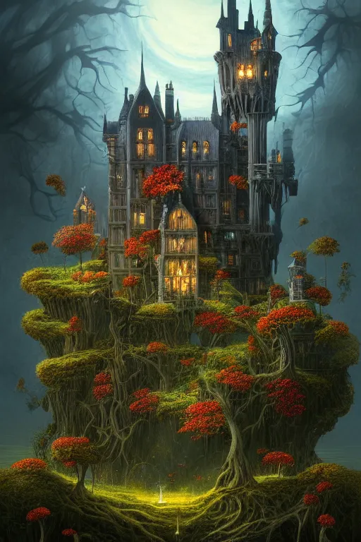 Image similar to a beautiful digital illustration painting of a detailed gothic fantasy castle and roots, dark mushroom, flowers by benoit b. mandelbrot, steven belledin, martin johnson heade, lee madgwick, caspar david friedrich, and david rios ferreira. 8 k resolution trending on artstation concept art digital illustration