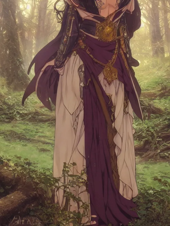 Prompt: anime key visual of amora the enchantress with her back to the camera wearing a medieval gown!! intricate, magical forest, stunning, highly detailed, digital painting, artstation, smooth, hard focus, illustration, art by artgerm and greg rutkowski and alphonse mucha