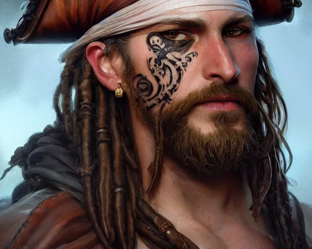 Image similar to close up of a pirate with scars and a face tattoo, deep focus, d & d, fantasy, intricate, elegant, highly detailed, digital painting, artstation, concept art, matte, sharp focus, illustration, hearthstone, art by artgerm and greg rutkowski and alphonse mucha