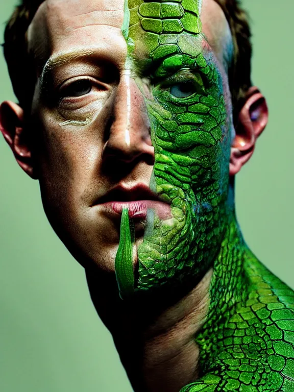 Image similar to portrait of a mark zuckerberg, skin peeling to reveal green! scales!, forked snake tongue sticking out, art by ryo shiotani and greg rutkowski, intricate, beautiful, portrait photography cinematic lighting, vintage art by serge ivanoff, high resolution, very detailed