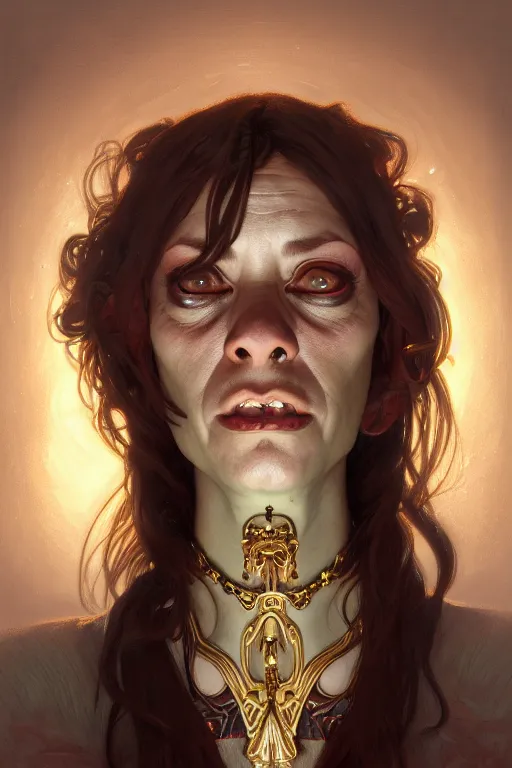 Image similar to portrait of the ugliest woman in the world, looking at camera, intricate, elegant, stylish, fantasy, extremely detailed, digital painting, artstation, concept art, smooth, sharp focus, illustration, stunning lighting, art by artgerm and greg rutkowski and alphonse mucha and simon stalenhag