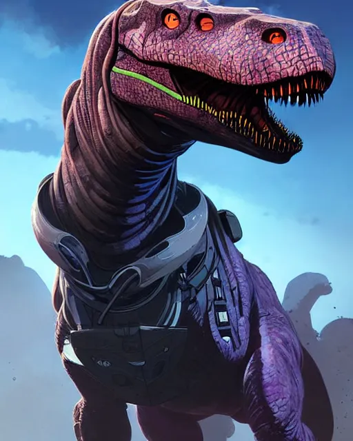 Image similar to trex as an apex legends character digital illustration portrait design by, wayne barlowe detailed, gorgeous lighting, wide angle action dynamic portrait