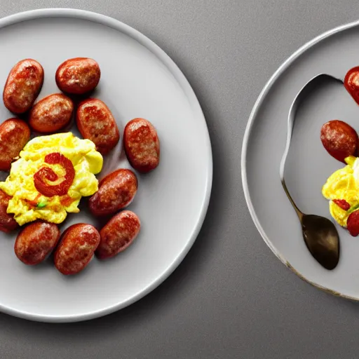 Prompt: bacon sausages scrambled eggs, hyper realistic, award winning food photography