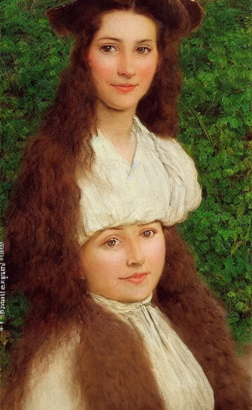 Prompt: portrait, woman!!, by eugen von blaas!! short! brown hair, fuzzy hair!!, smiling, looking at us, symmetrical face, perfect eyes, slight blush!! green plants background!!!