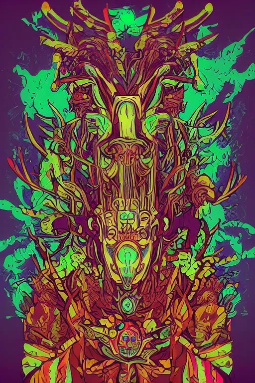 Image similar to animal mask totem roots flower tribal feather gemstone plant wood rock shaman vodoo video game vector cutout illustration vivid multicolor borderlands comics by josan gonzales and dan mumford radiating a glowing aura