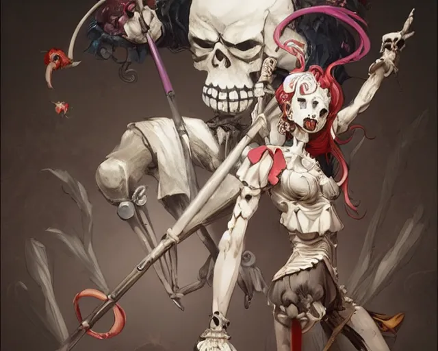 Image similar to anime clown girl warrior fighting a skeleton confident pose, intricate, elegant, sharp focus, illustration, highly detailed, concept art, matte, trending on artstation, anime, art by james jean and artgerm and brian despain and alberto mielgo, greg rutkowski, wlop, ilya kuvshinov, strong strokes