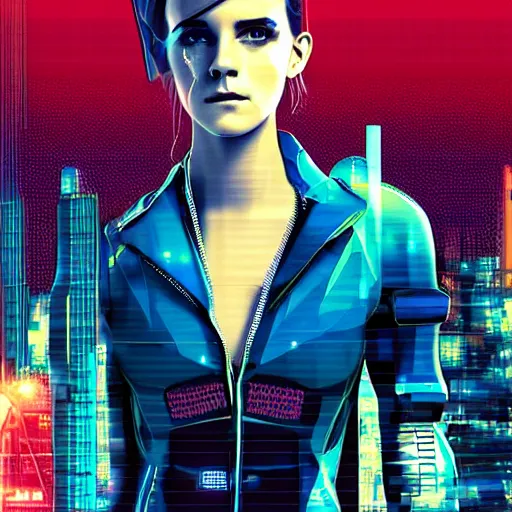 Image similar to cyberpunk emma watson as the leader of a futuristic communist nation, cybernetics, sharp lines, digital, artstation, colored in