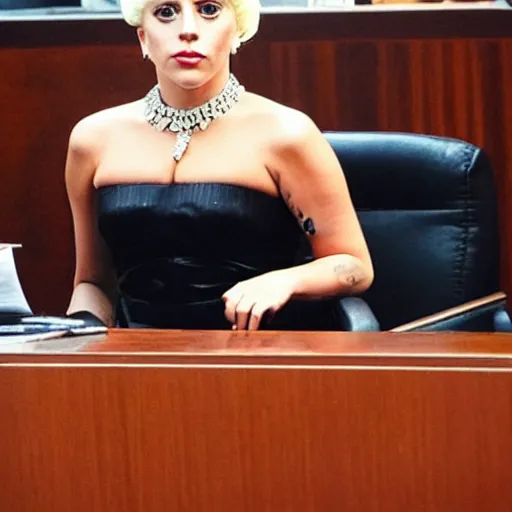 Image similar to lady gaga in the witness stand of a courtroom pointing at the hamburgler who is sitting at the defendant ’ s table