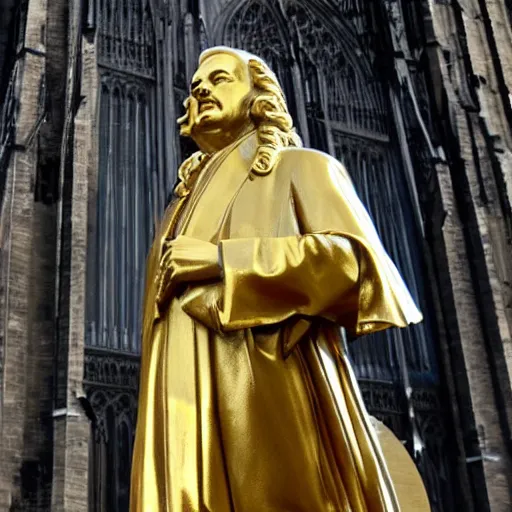 Prompt: a golden statue of bach standing infront of a german cathedral.