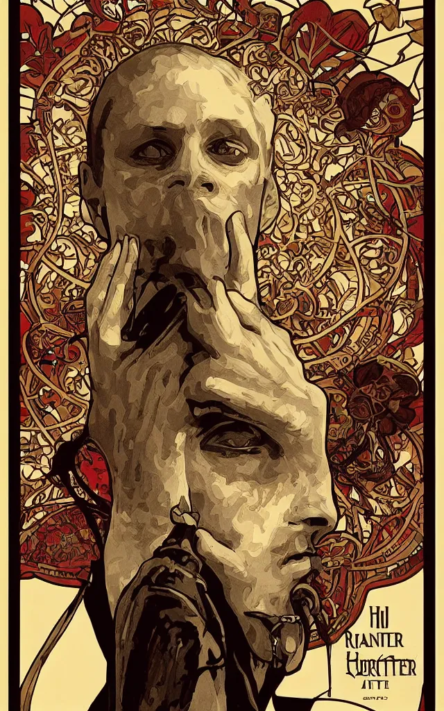 Image similar to Hannibal Lecter from NBCs Hannibal in portrait Alphonse Mucha art nouveau style, detailed high definition poster, photorealistic brutal artwork, featured on artstation, powerful, high definition, large file size, advertisement