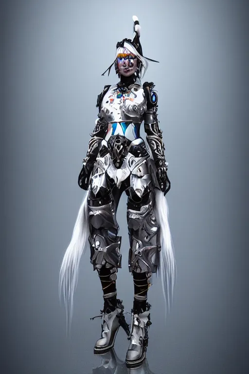 Prompt: white cyborg fashion shot, maasai warriors, fractal decorations, punk hairdo, unreal engine, trending on artstation,