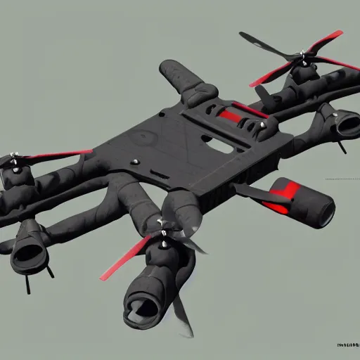 Prompt: brutalist military quadcopter with mounted turret, design concept