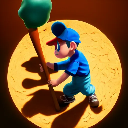 Image similar to ness from earthbound striking a giant chocolate cookie with a baseball bat, smashing it to bits by ruan jia. artstation, volumetric light, detailed, photorealistic, fantasy, rendered in octane