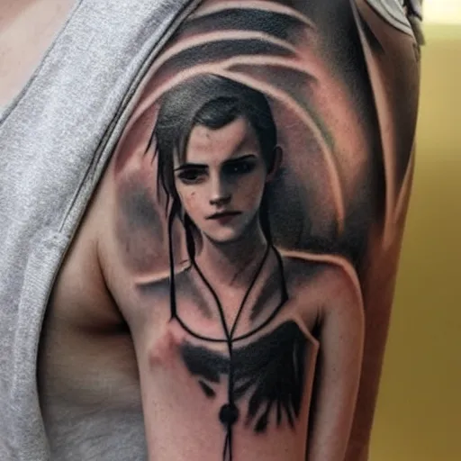 Image similar to man with tattoo of emma watson on arm back by greg rutkowski