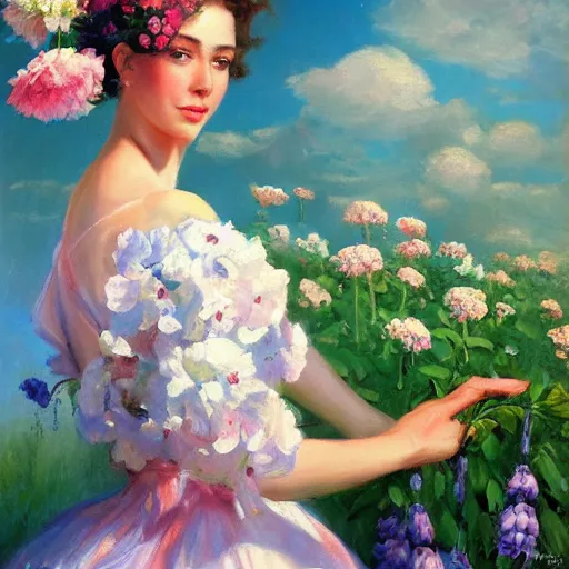 Image similar to a portrait of a romantic woman with flowers grow out of hair, roses peonies forget-me-nots dahlias lupins gladioli, sky theme in background, by Alexandr Averin, Digital Art, Trending on artstation