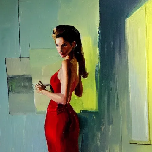 Prompt: an oil on canvas painting of a beautiful feminine woman from the 60's, leaning against the wall, living room, figurative art, studio portrait, detailed, dramatic lighting, beautiful facedeviantart, cgsociety, chiaroscuro, acrylic art, by Elmer Bischoff, by Michael Garmash