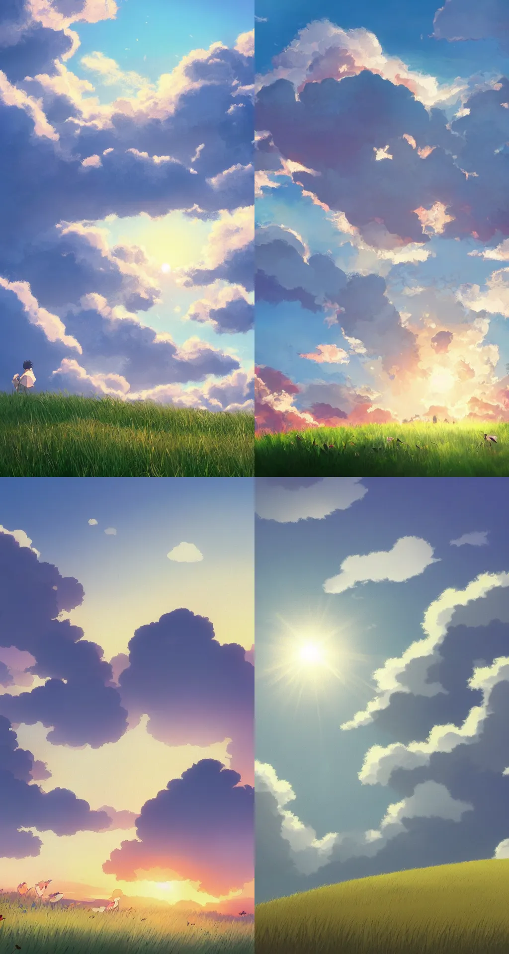 Prompt: a gigantic fluffly cloud at sunset over a grassy hill with a gentle breeze in the style of studio ghibli, flock of white birds, discreet lensflare, by makoto shinkai