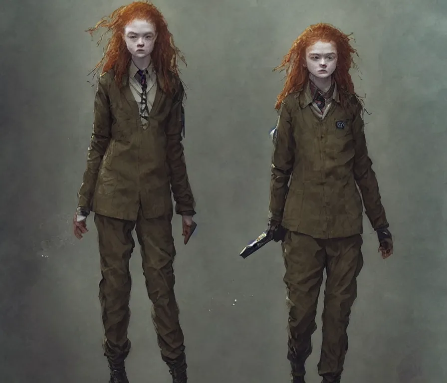 Prompt: sadie sink dressed in oversized school uniform : costume concept for a scifi cyberpunk film. by greg rutkowski, greg staples, gustave courbet, rosa bonheur, noah bradley. sharp focus, cinematic atmosphere, detailed and intricate, perfect anatomy