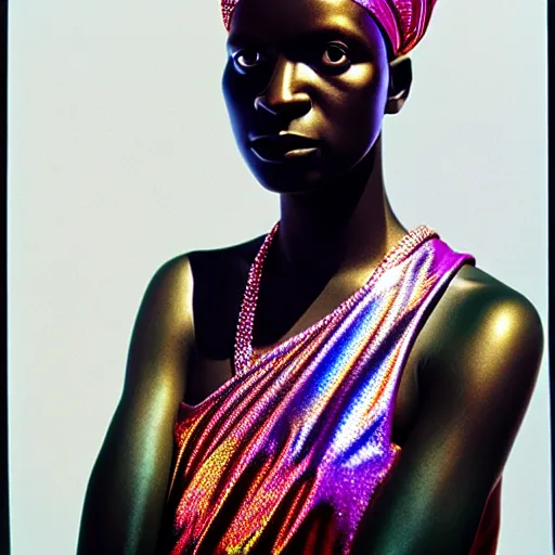 Image similar to portrait of metallic face, african woman, iridescent reflections, smooth, proud looking away, outdoor, blue sky, 8 k, realistic, depth of field, highly detailed, award winning photography, by richard mosse