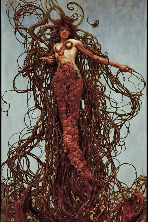 Image similar to full length portrait of insane medusa, dynamic, painted by lawrence alma tadema, zdzislaw beksinski, norman rockwell, jack kirby, tom lovell, alex malveda, greg staples, hand of fear, bbc, tv