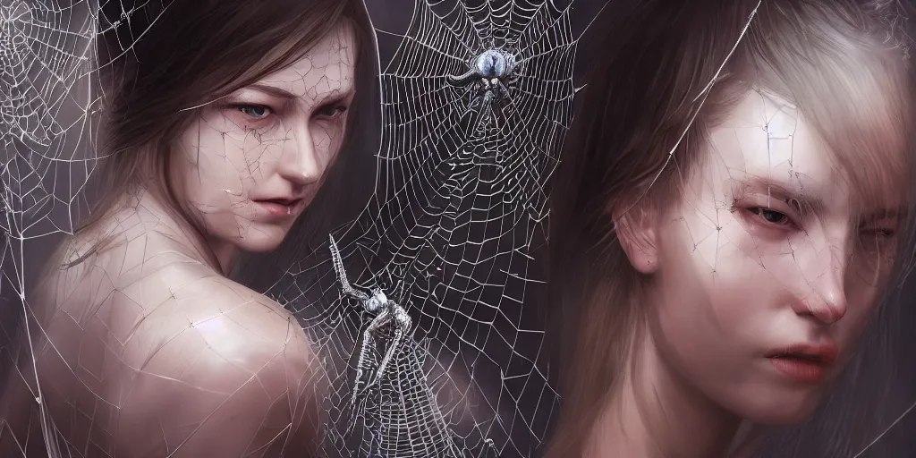 Image similar to hyperrealistic photography of a highly detailed and symmetrical gorgeous nordic female caught in a spiderweb with approaching gigantic spider in the style of jin kagetsu, james jean and wlop, highly detailed, face symmetry, highly realistic hands, masterpiece, award - winning, sharp focus, intricate concept art, ambient lighting, 8 k, artstation