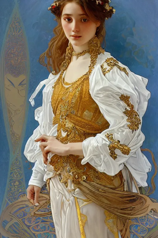 Image similar to portrait of a girl wearing an ornate gold and white dress, full body shot, highly detailed fantasy artstation artgerm alphonz mucha