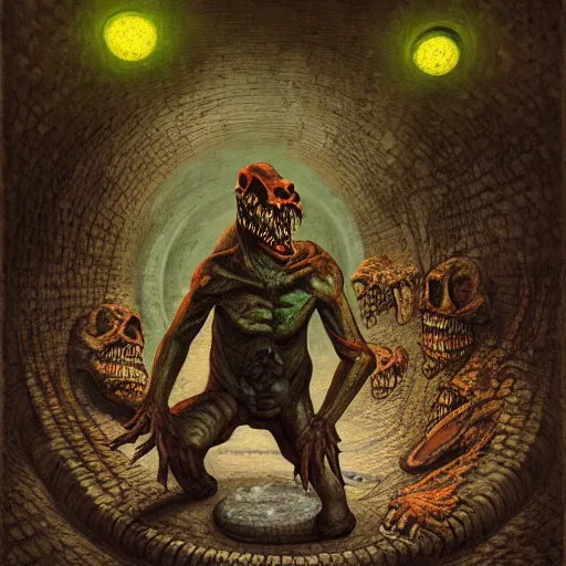 Prompt: a painting of a half lizard half man creature standing in a sewer, human skulls on ground, glowing eyes, creepy, horror vibe, real, in the style of greg hildebrandt