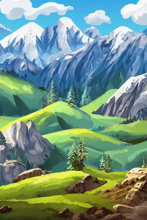 Image similar to mountain range and Alm in the Alps in the style of Heidi the cartoon, cartoon, intricate Details, concept art, matte painting, highly detailed, rule of thirds, dynamic lighting, cinematic, detailed, denoised, centerd, clean render