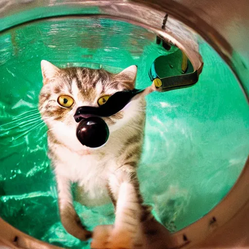 Prompt: photograph of cat wearing diving gear swimming in a vat of acid