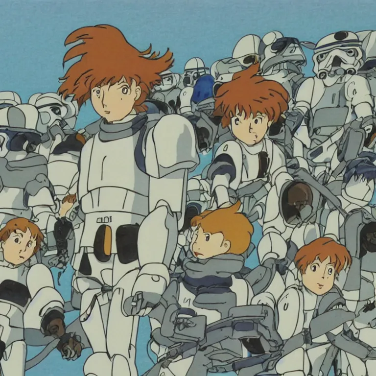 Image similar to 1 9 9 0 studio ghibli animation cel still from nausicaa of the valley of the wind of army of storm troopers