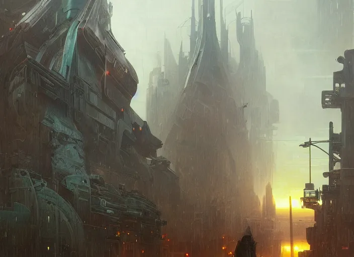 Image similar to giant spaceship, city is pure wasteland, rain, dusk, low saturation, glowing lights, alphonse mucha, greg rutkowski, trending on artstation, artgerm, breathtaking, sharp focus, smooth, mark arian, award winning, highly detailed 4 k art