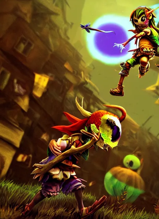 Image similar to skull kid from majoras mask floating in the air while looking at the viewer maniacally, legend of zelda fairy in the background, dramatic lighting, cinematic, film, dynamic pose, movie scene