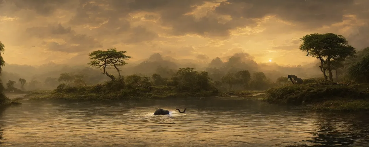 Image similar to an elephant taking bath in the river, beautiful dynamic lighting, cinematic, wide angle establishing shot, extremely high detail, photo realistic, cinematic lighting, post processed, concept art, artstation, matte painting, style by frederic church, raphael lacoste, unreal engine 8 k