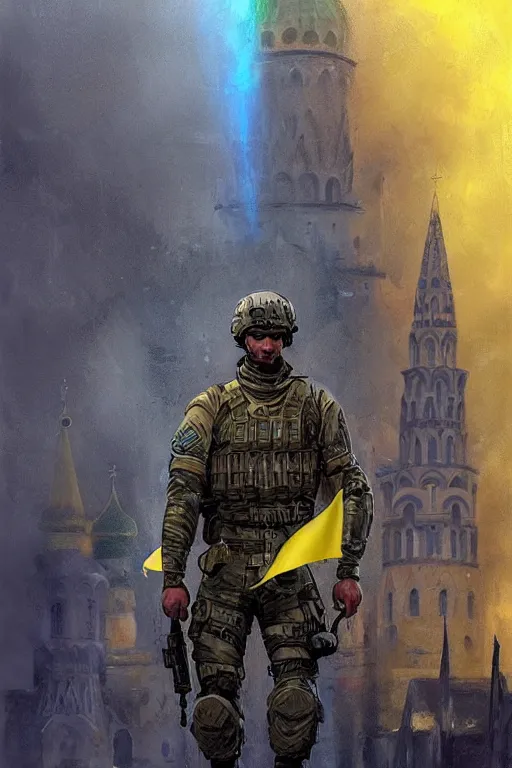 Image similar to special forces soldier raising ukrainian blue and yellow flag, kremlin st. basil cathedral in the background, masculine figure, d & d, fantasy, bright atmosphere, volumetric lights, intricate, elegant, extremely detailed, digital painting, artstation, concept art, matte, smooth, sharp focus, hyper realistic, illustration, art by artgerm and greg rutkowski and alphonse mucha