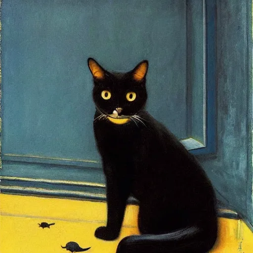 Image similar to a black winged cat in a blue and gold haunted liminal abandoned room, film still by edward hopper, by gottfried helnwein, by klimt, art noveau, highly detailed, strong lights, liminal, eerie, bright pastel colors,