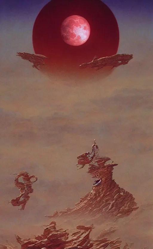 Image similar to meditation on the background of a huge crimson moon, by wayne barlowe