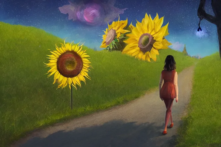 Image similar to giant sunflower as a face, girl walking between big trees, hills, surreal photography, dark night, star trails, dramatic light, impressionist painting, clouds, digital painting, artstation, simon stalenhag