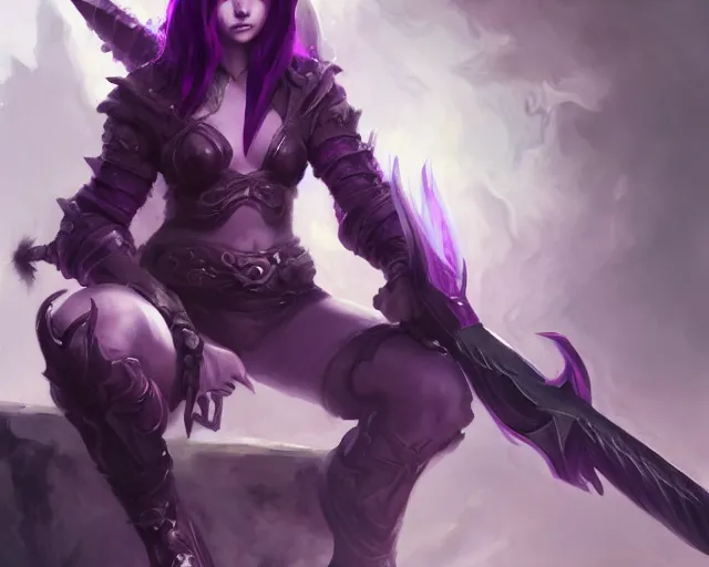 Image similar to purple hair demon hunter sharpening glaive sitting down, artstation; by astri lohne, kanliu666, chengwei pan, mingchen Shen, feng wei, crow god