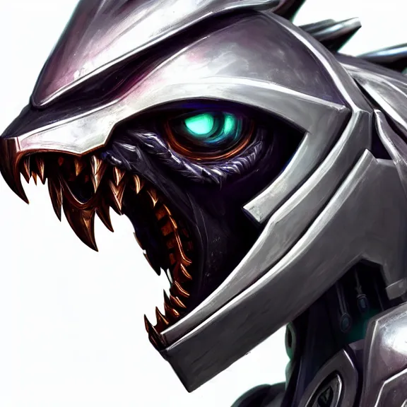 Image similar to high quality close up headshot of a cute beautiful stunning robot anthropomorphic female dragon, with sleek silver armor, a black OLED visor over the eyes, facing the camera, maw open and about to eat you, you being dragon food, the open maw being detailed and soft, highly detailed digital art, furry art, anthro art, sci fi, warframe art, destiny art, high quality, 3D realistic, dragon mawshot, furry mawshot, macro art, dragon art, Furaffinity, Deviantart